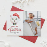 British Shorthair Cat Santa Red Photo Christmas Holiday Card<br><div class="desc">Merry Christmas! Send Christmas wishes to family and friends with a cat-themed Christmas photo card. It features a watercolor illustration of a cute white British shorthair cat with a Santa hat and tartan bow tie. Personalise by adding a photo, name and other details. This cat Christmas photo card is perfect...</div>
