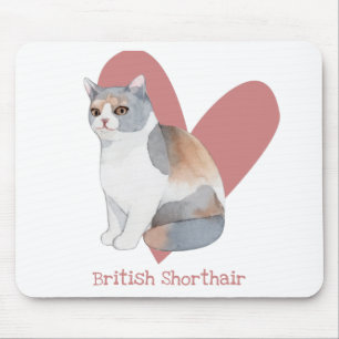 British Shorthair Cat Watercolor Kitty Pink Heart Mouse Mat