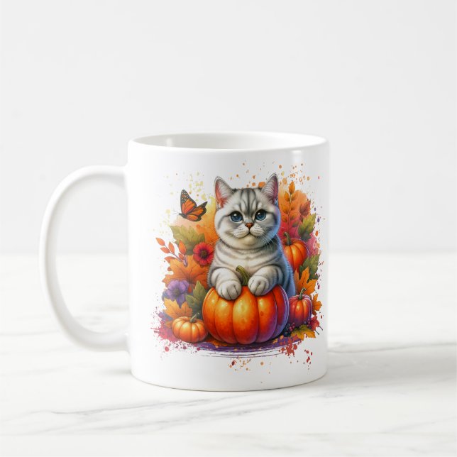 British Shorthair Cat with Pumpkin Coffee Mug (Left)