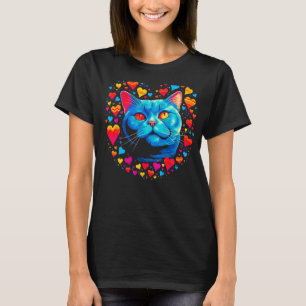 British Shorthair Cat Yellow Blue Red Heart T-Shirt