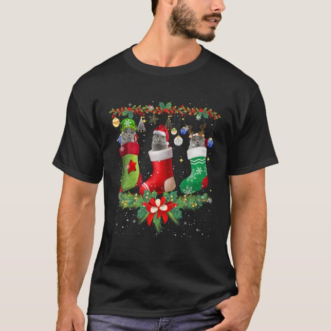 British Shorthair Cats In Christmas Sock Cat Lover T-Shirt (Front)
