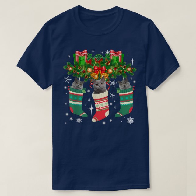 British Shorthair Cats In Christmas Sock Cat Lover T-Shirt (Design Front)