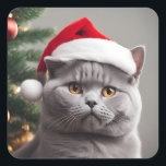 British Shorthair Christmas Square Sticker<br><div class="desc">Cute  blue/grey British shorthair cat wearing a Santa hat.</div>