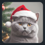 British Shorthair Christmas Square Sticker<br><div class="desc">Cute  blue/grey British shorthair cat wearing a Santa hat.</div>