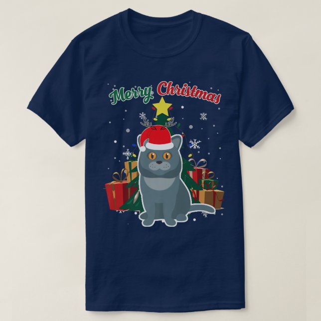 British Shorthair Christmas Tree Snow Flakes Xmas  T-Shirt (Design Front)