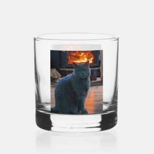 British Shorthair Grey Cat Kitty Fireplace Whiskey Glass