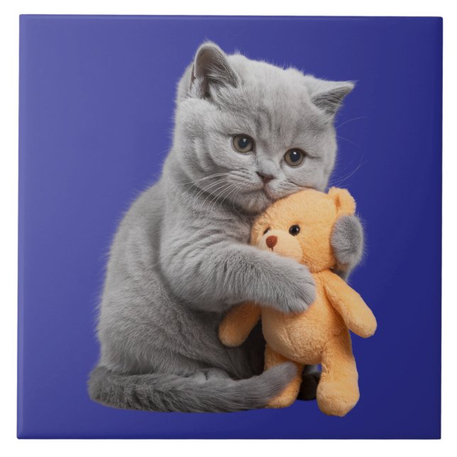 British Shorthair Kitten and Teddy Bear Decorative Tile (Front)