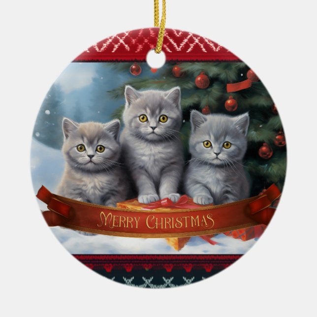British shorthair kittens christmas ceramic tree decoration (Front)
