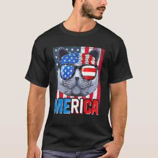 British Shorthair Merica 4th Of July Cat American T-Shirt