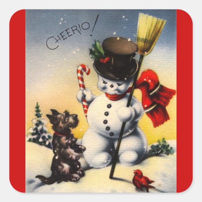 British Snowman and Scotty Dog Saying "Cheerio!" Square Sticker (Front)
