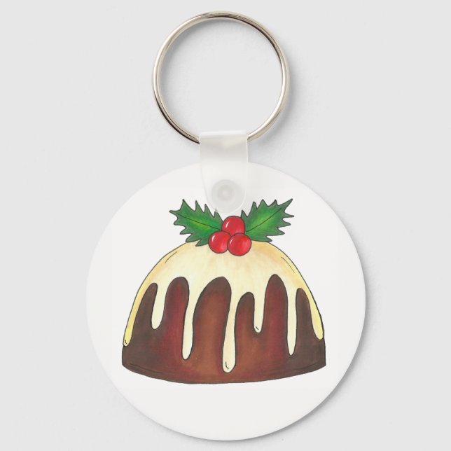 British Sugar Plum Pudding Christmas Holiday Holly Key Ring (Front)
