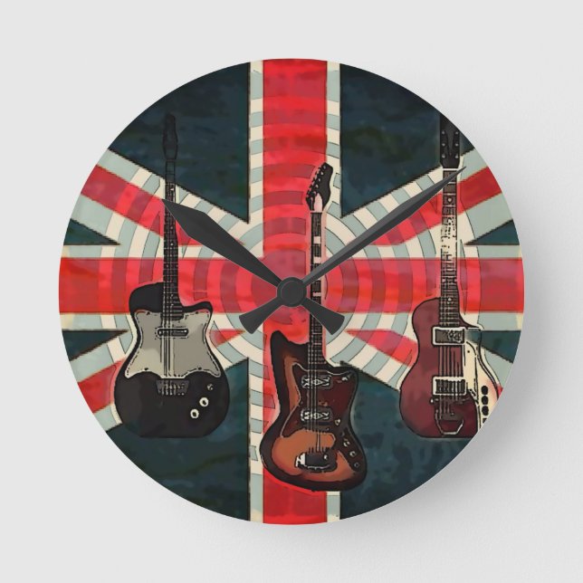 British Union Jack Flag Rock Roll Electric Guitar Round Clock (Front)