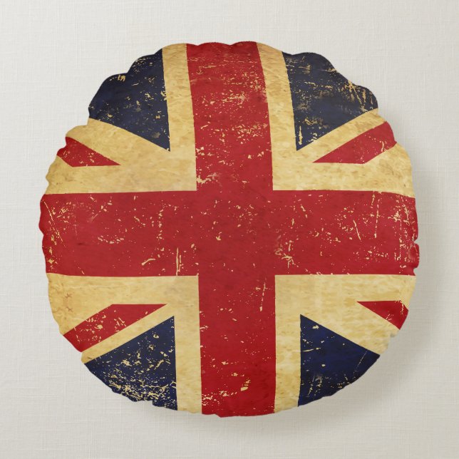 British Union Jack Flag Vintage Grunge Round Cushion (Front)