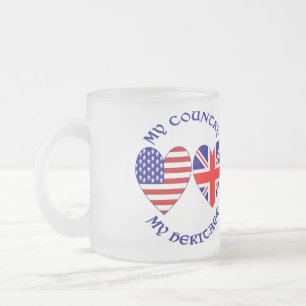 British USA Heart Flags Country Heritage Frosted Glass Coffee Mug