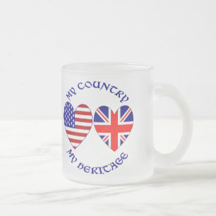 British USA Heart Flags Country Heritage Frosted Glass Coffee Mug