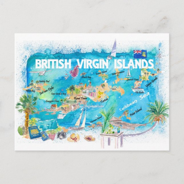 British Virgin Islands Illustrated Travel Map Postcard (Front)