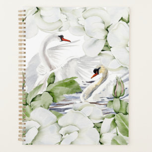 British White Floral & Swan Watercolor Art Planner