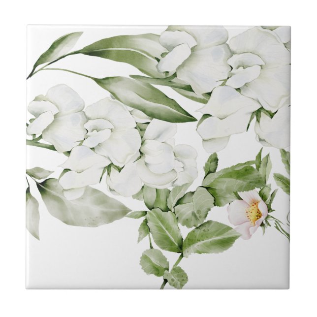 BRITISH WHITE FLORAL WATERCOLOR ART   STONE COASTE TILE (Front)