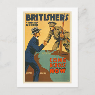 Britishers Come Across Now WWI British Propaganda Postcard