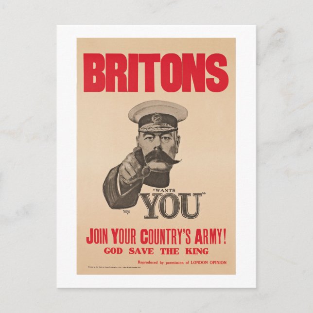 Britons Lord Kitchener Wants You WWI Propaganda Postcard (Front)