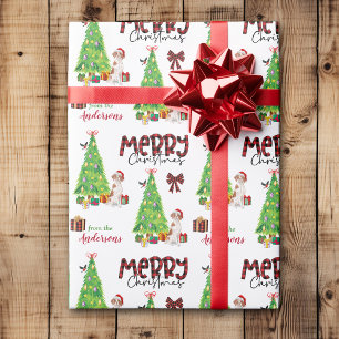 Brittany Dog, Bird and Christmas Tree Wrapping Paper