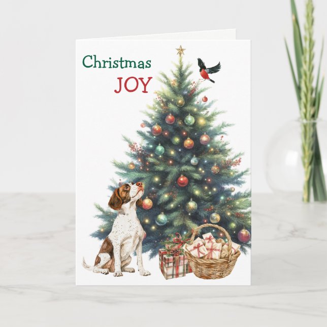 Brittany Dog, Bullfinch and Holiday Tree Card (Front)