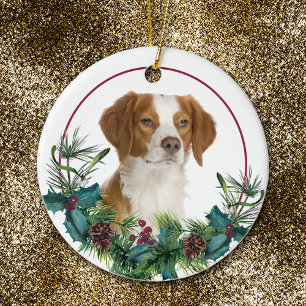 Brittany Dog Evergreen Wreath Ceramic Tree Decoration
