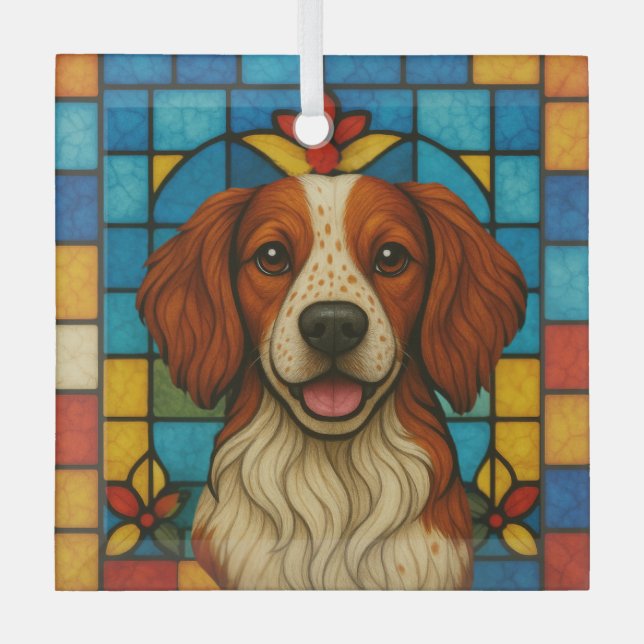 Brittany Dog "Stained Glass"  Glass Tree Decoration (Front)