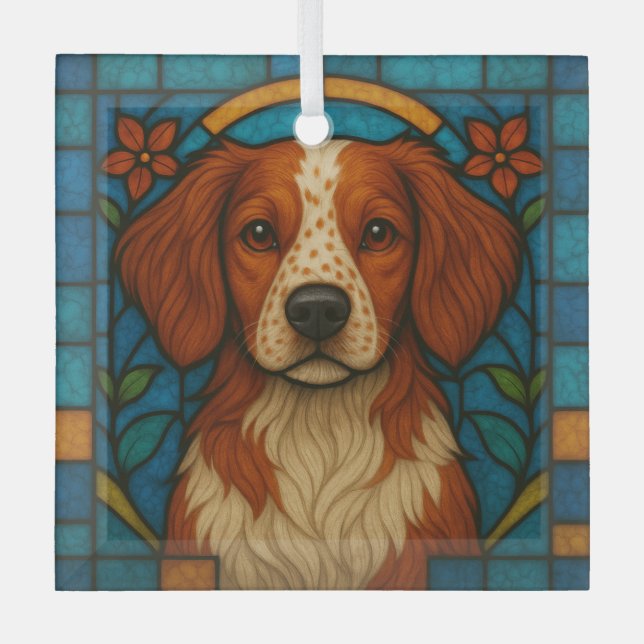 Brittany Dog "Stained Glass"  Glass Tree Decoration (Front)