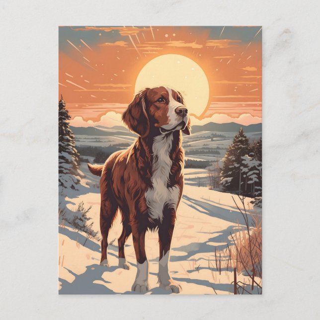Brittany dog winter mountain forest during sunset postcard (Front)