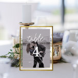 Brittany Elegant Double-Sided Photo White Script Table Number<br><div class="desc">This elegant, double-sided, photo table number is perfect for a modern wedding in any season. The simple, design features your photo and the word "table" written in hand-lettered, white calligraphy script and the names of the bride and groom and wedding date written in white, stylish serif typography. The card prints...</div>