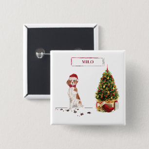 Brittany Funny Christmas Dog and Tree 15 Cm Square Badge