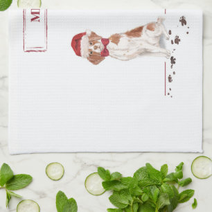 Brittany Funny Christmas Dog and Tree Tea Towel