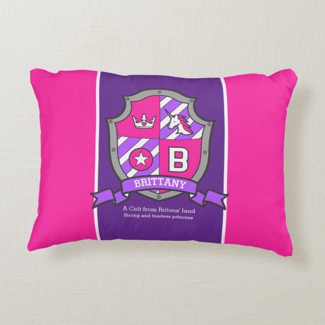 Brittany name meaning letter B pink crest unicorn  Decorative Cushion (Back)