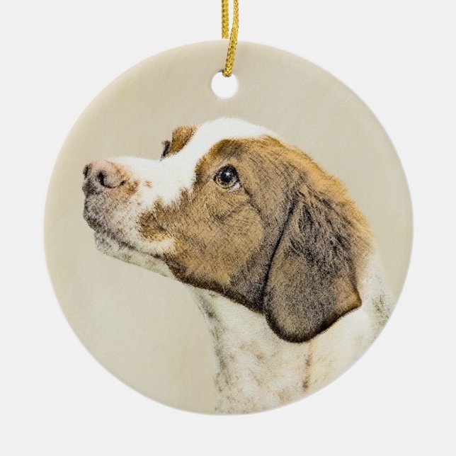 Brittany Painting - Cute Original Dog Art Ceramic Tree Decoration (Front)