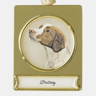 Brittany Painting - Cute Original Dog Art Gold Plated Banner Ornament