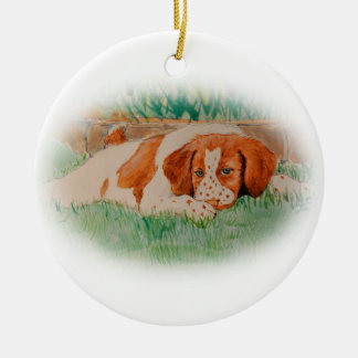 Brittany puppy ceramic tree decoration