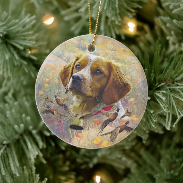 Brittany Spaniel Art , Pheasant hunting Ceramic Tree Decoration (Tree)