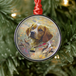 Brittany Spaniel Art , Pheasant hunting Metal Tree Decoration