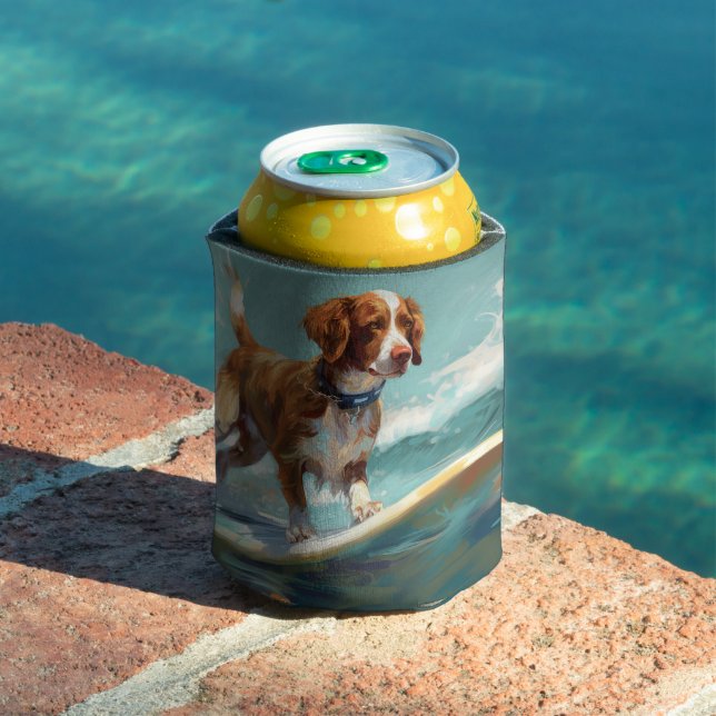 Brittany Spaniel Beach Surfing Painting  Can Cooler (In Situ Pool)