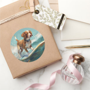 Brittany Spaniel Beach Surfing Painting  Classic Round Sticker