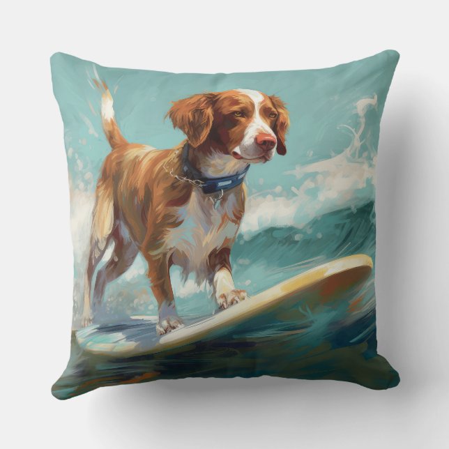 Brittany Spaniel Beach Surfing Painting  Cushion (Back)