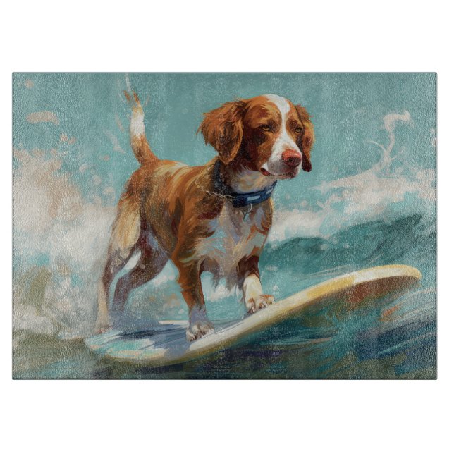 Brittany Spaniel Beach Surfing Painting  Cutting Board (Front)