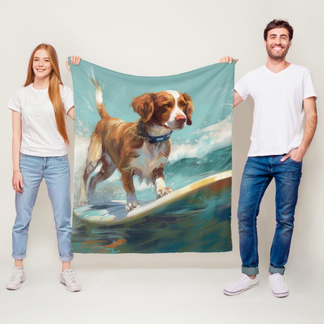 Brittany Spaniel Beach Surfing Painting  Fleece Blanket (In Situ)