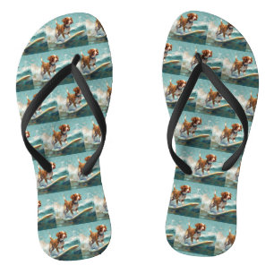 Brittany Spaniel Beach Surfing Painting  Flip Flops