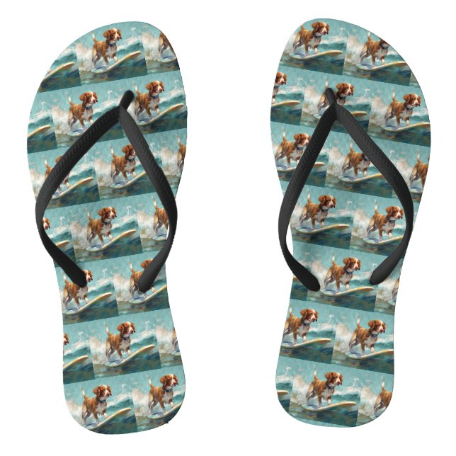 Brittany Spaniel Beach Surfing Painting  Flip Flops (Footbed)