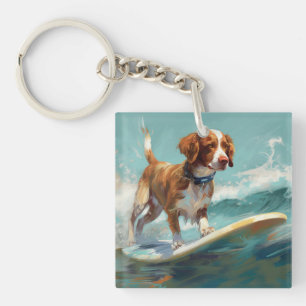 Brittany Spaniel Beach Surfing Painting  Key Ring