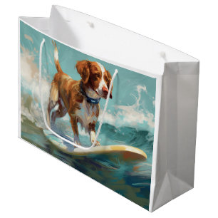 Brittany Spaniel Beach Surfing Painting  Large Gift Bag