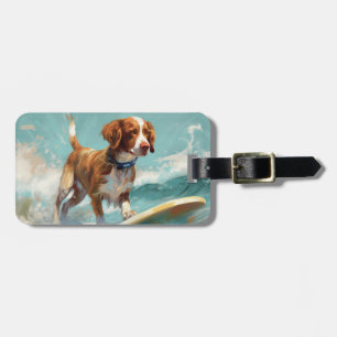 Brittany Spaniel Beach Surfing Painting  Luggage Tag