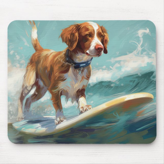 Brittany Spaniel Beach Surfing Painting  Mouse Mat (Front)